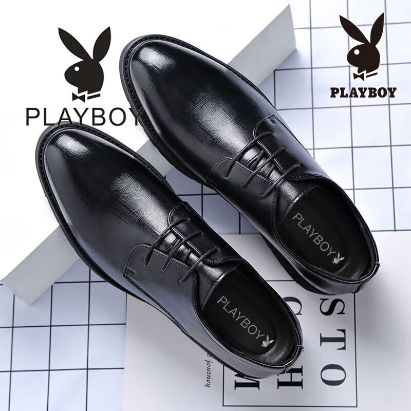 花花公子（PLAYBOY）男鞋商务正装真皮休闲鞋透气系带韩版英伦尖头皮鞋男婚鞋 黑 DF8702 40