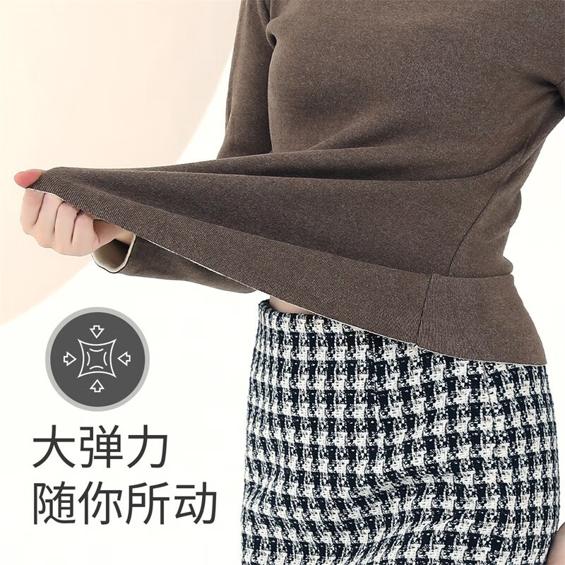 六月玫瑰 新款加绒加厚半高领长袖打底衫女上衣内搭外穿冬季打底衫 摩卡 均码 建议70-140斤