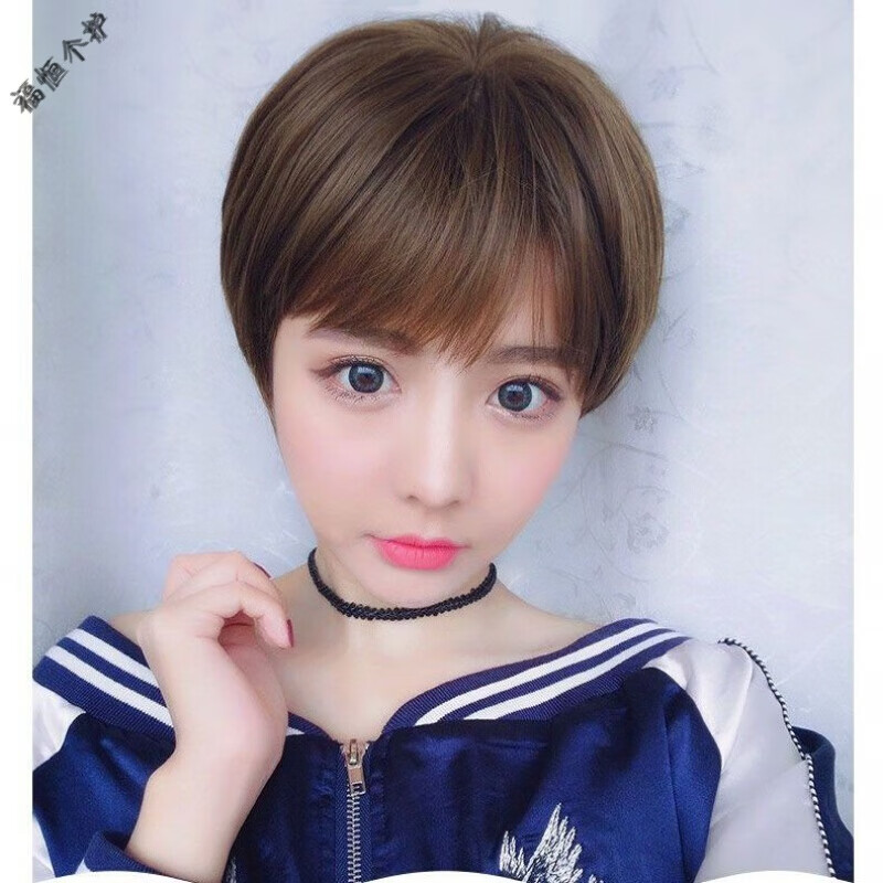 网红超短发假发女韩版帅气圆脸黑色学生空气薄刘海蓬松自然全头套 浅