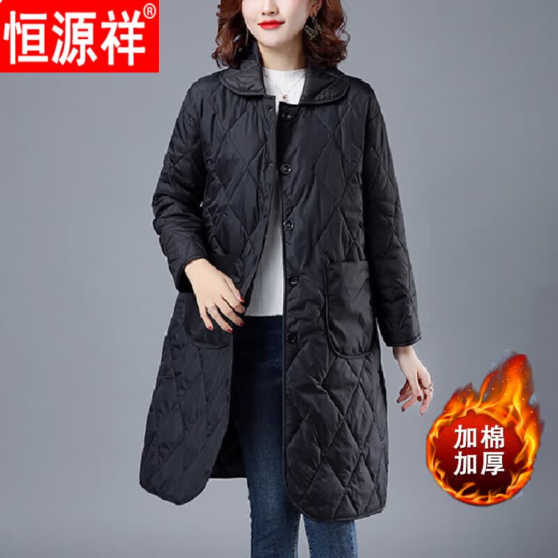 恒源祥轻薄棉服女中长款2023冬季新款中年女士韩版宽松保暖棉衣外套 黑色 大码M(建议100斤以下)高性价比高么？