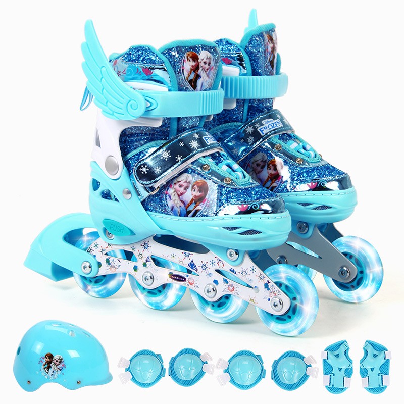 迪士尼(Disney)儿童溜冰鞋八轮全闪光轮滑鞋套装头盔护具 直排轮可调旱冰鞋 冰雪奇缘大码