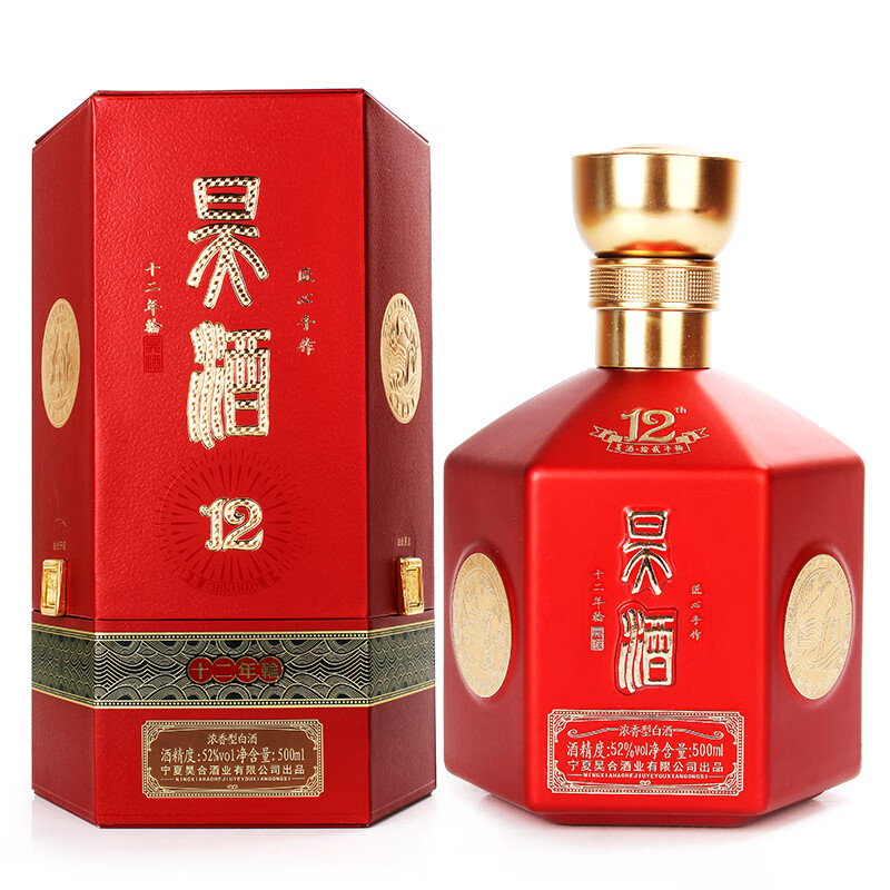 银川白酒宁夏银川白酒礼盒12年轮52度500ml昊王酒高粱纯粮白酒红喜酒