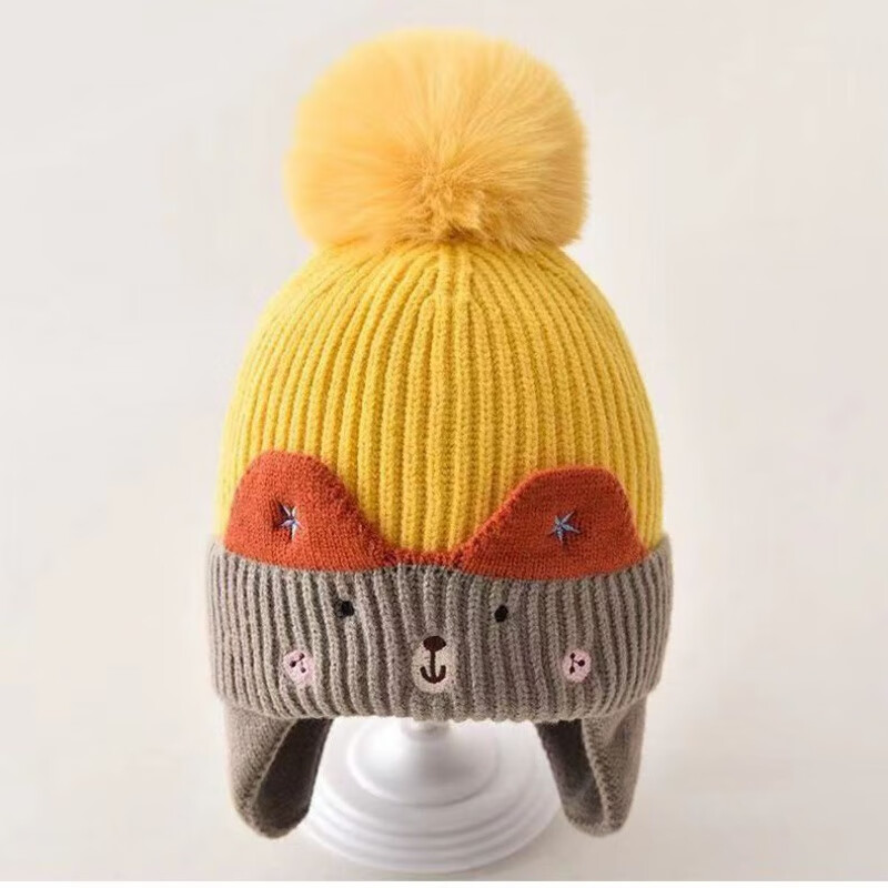 儿童保暖加厚帽子围巾两件套男童女童防风护耳针织帽 黄色 单帽(棉