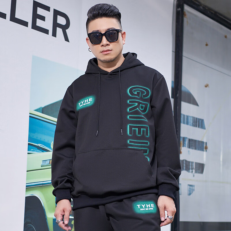 男潮流加肥加大胖子肥佬印花字母连帽套头长袖 黑色 xl(150斤-170斤)