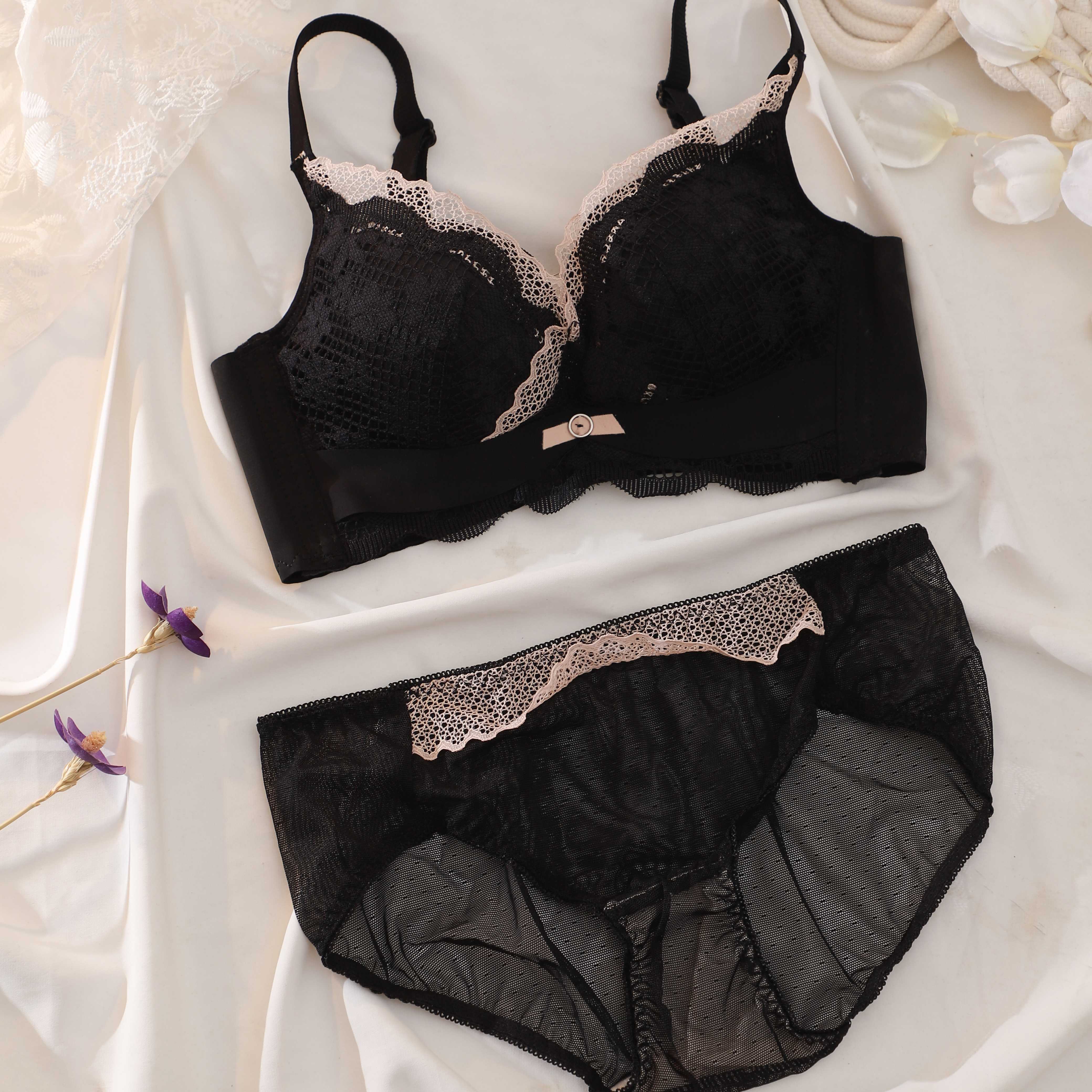 聚拢防下垂收副乳上托性感小胸专用调整型文胸套装女生胸罩 黑色套装