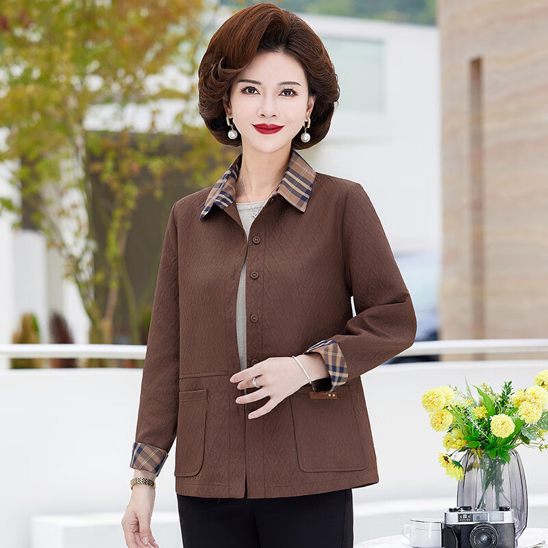 薄款女外套时尚妈妈春秋新款休闲拼色上衣中老年女装洋气开衫 卡其