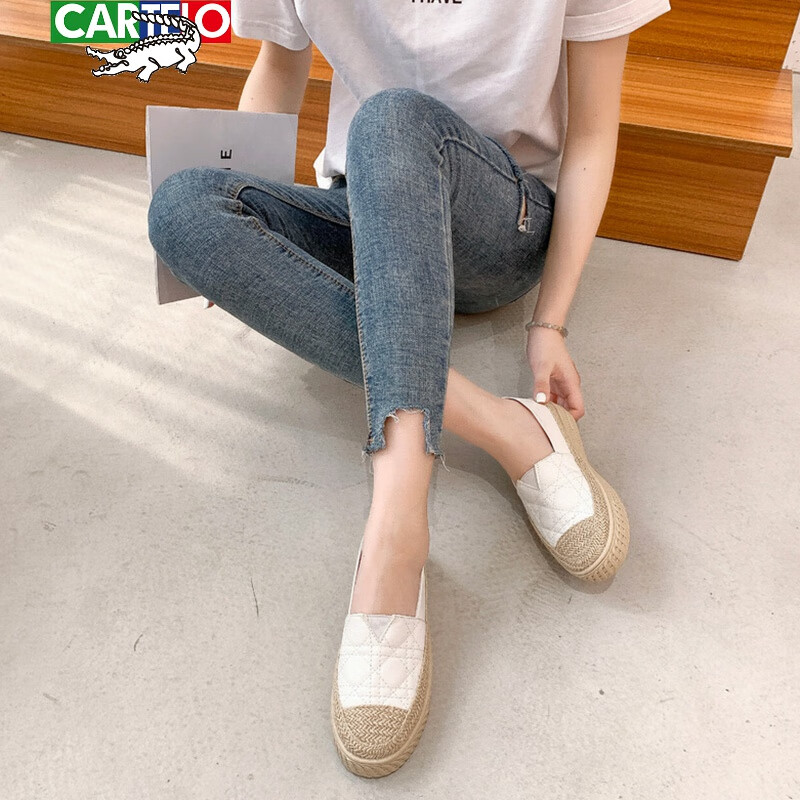 卡帝乐鳄鱼(cartelo)小香风渔夫鞋女2023夏季新品草编厚底孕妇 白色