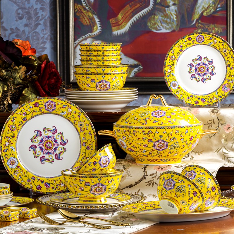 景德镇景德镇中式珐琅彩餐具套装结婚送礼碗盘碗碟套装家用 80头帝王