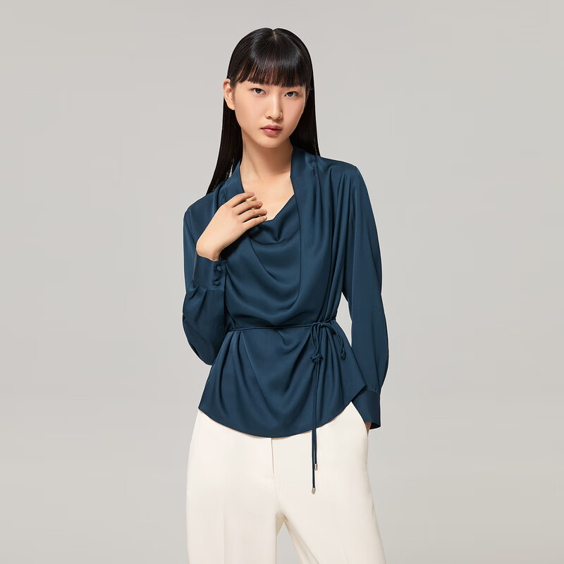 OVV【重磅真丝】OVV2022秋冬新款女装22姆米双乔荡领收腰长袖衬衫 深蓝B1 XS