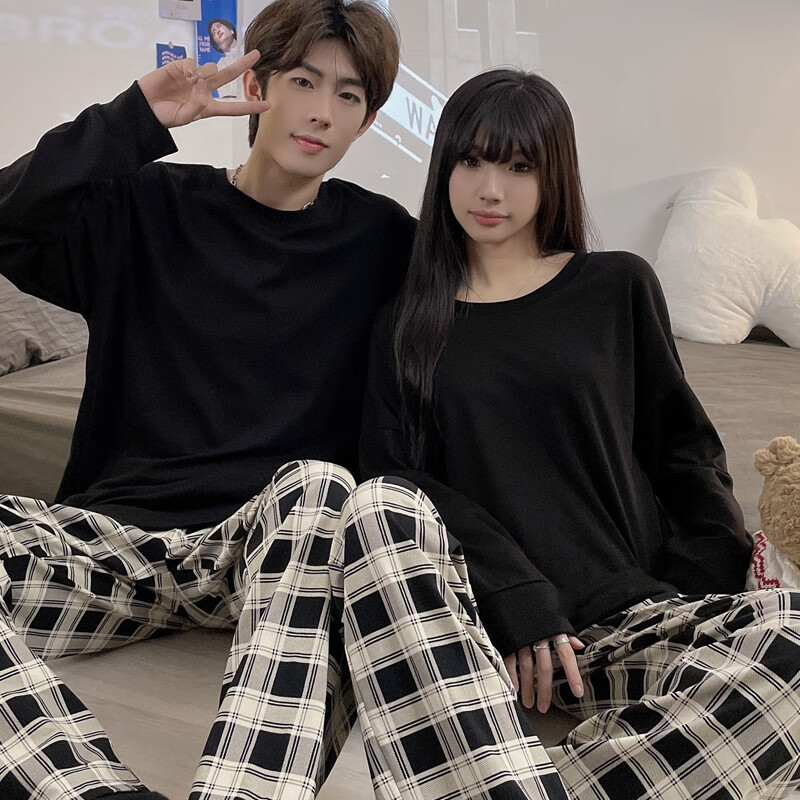 瑶慕语情侣睡衣春秋新款男女棉长袖感可爱熊熊秋天家居服套装 纯黑格