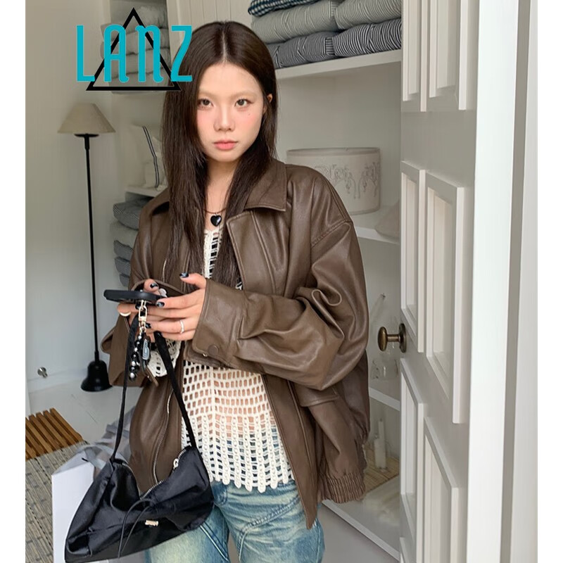岚烨酷飒女孩机车风皮衣外套女装春秋季新款宽松bf美式复古夹克潮 #咖啡色  M怎么看?