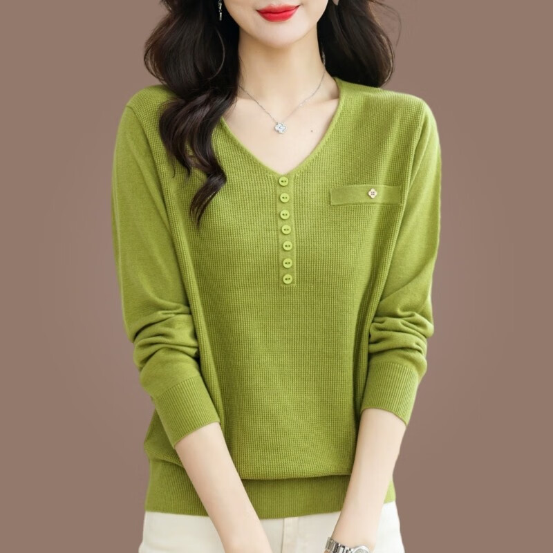 歌米拉（Gemila）针织衫女春秋V领女装薄款上衣秋装新款毛衣可外穿打底衫 果木绿 3XL 【138-150斤穿】