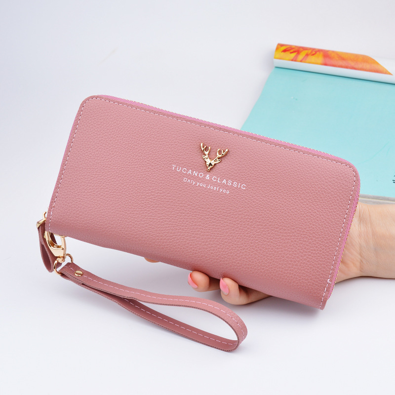 女士钱包长款拉链大容量手拿包时尚女式钱夹荔枝纹日韩手机包 粉红色