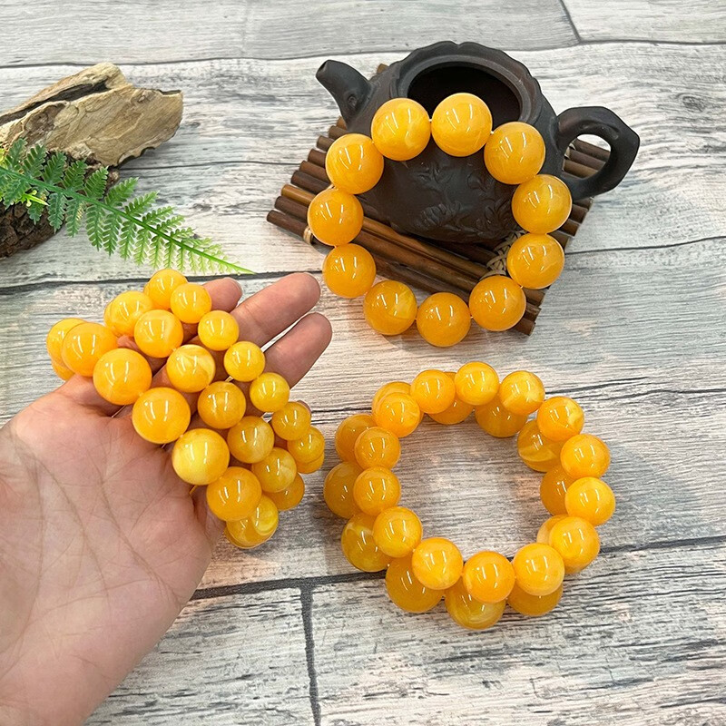 合掌鸡油黄满蜜妖花蜜蜡手串男女老黄蜜蜡手链男浮盐水荧光优化琥珀