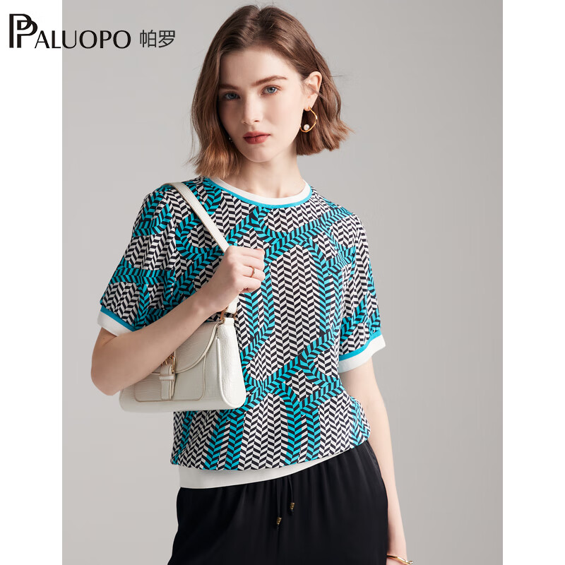 帕罗（PALUOPO）双绉新款真丝短袖体恤女士圆领印花100%桑蚕丝休闲百搭t上衣 黑蓝 L (165/88A)