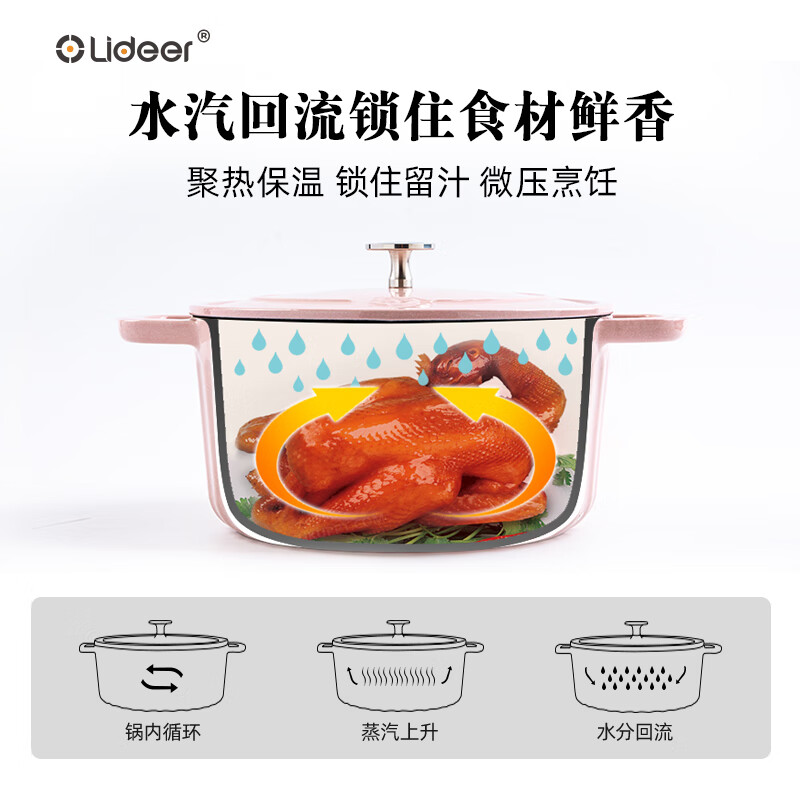 LIDEER COOKWARE极简珐琅炖锅铸铁锅汤锅物理不沾微压锁水电磁炉专用多用锅22cm 伯爵橙 22cm