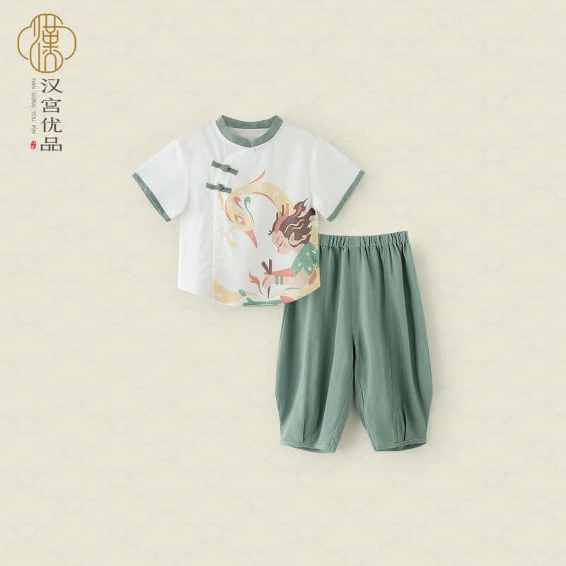 汉宫优品儿童套装国风短袖小男孩夏季薄款分衣服宝宝夏装两件套男童衣服 水粉绿 110