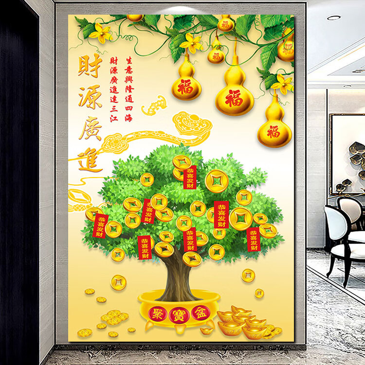 聚宝盆客厅发财树财源广进黄金葫芦沙发背景墙贴图装饰挂画玄关 facai