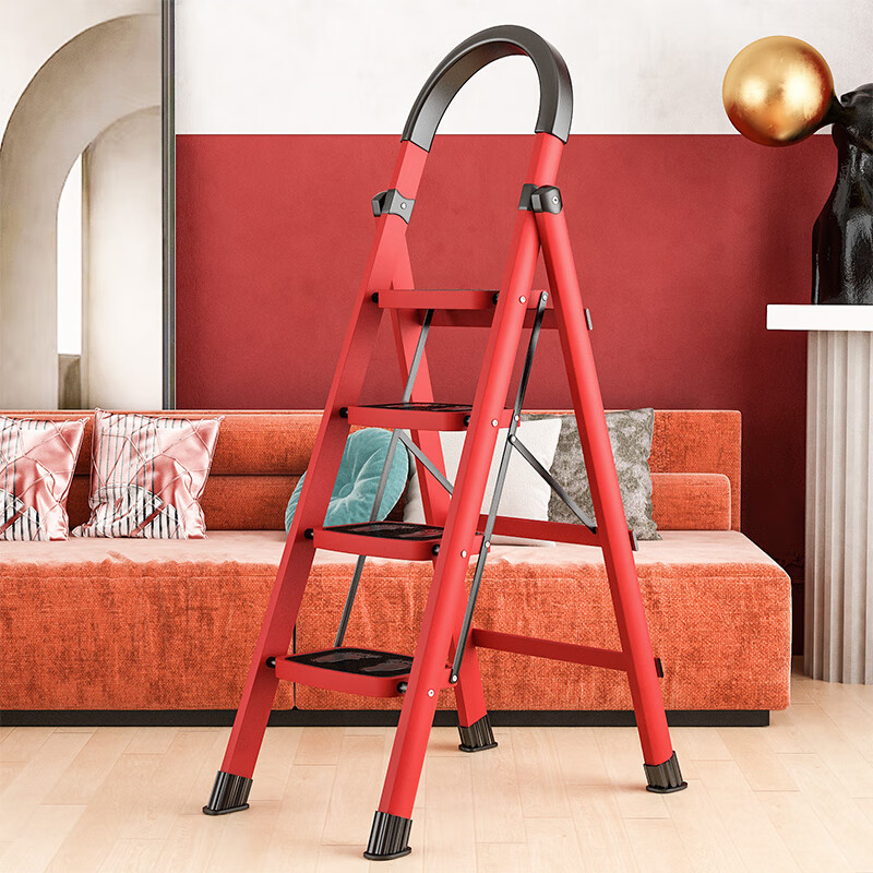 宝优妮家用人字梯多功能折叠梯电工程梯防滑梯子加固踏板加厚碳钢梯凳 红色四步梯马蹄脚椭圆踏板