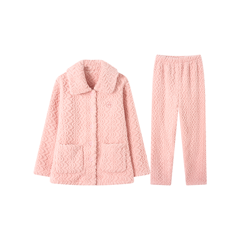 芬腾睡衣女【加厚暖绒】2024秋冬季少女感保暖翻领开衫长袖家居服套装 虾粉 L