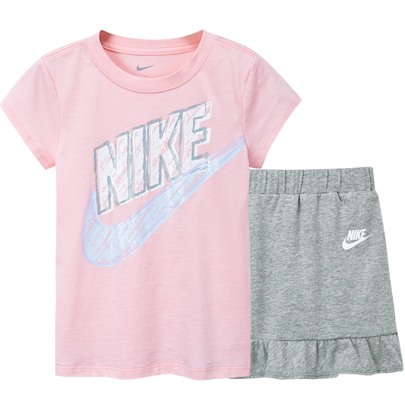 NIKE 3BRAND 耐克女童純棉短袖T恤+短裙2件套裝帶內襯夏季兒童套裝 巖嶺灰 130 /56 【建議身高116-122cm】