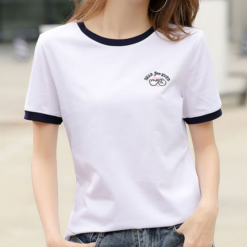 悦娴短袖女ins潮潮女 高颜值衫夏天简约宽松白色t恤新款ins上衣刺绣