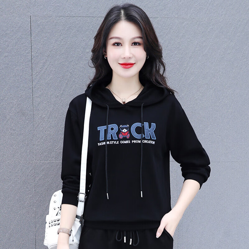 优衣官方旗·舰店时尚连帽卫衣女春秋款潮流宽松时尚百搭简约 黑色 m
