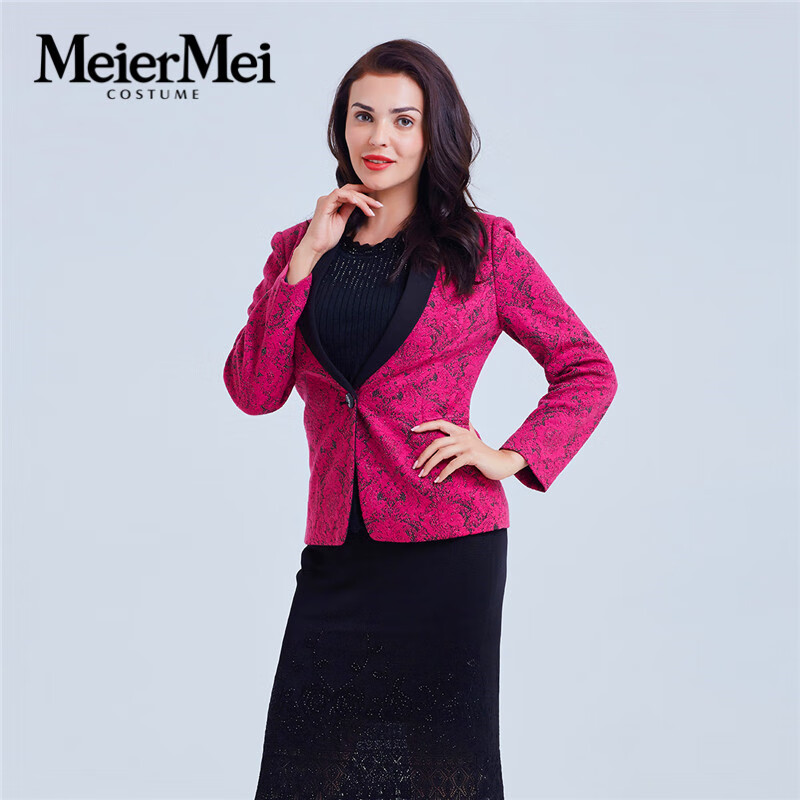 meiermei玫而美西服单上衣女时尚修身通勤春秋针织面料撞色中年长袖短