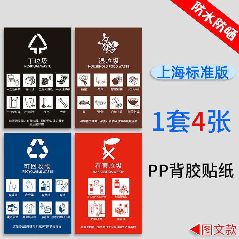溪沫垃圾分类标识贴纸处理标识牌干湿可回收不可有害易腐厨余生活垃圾
