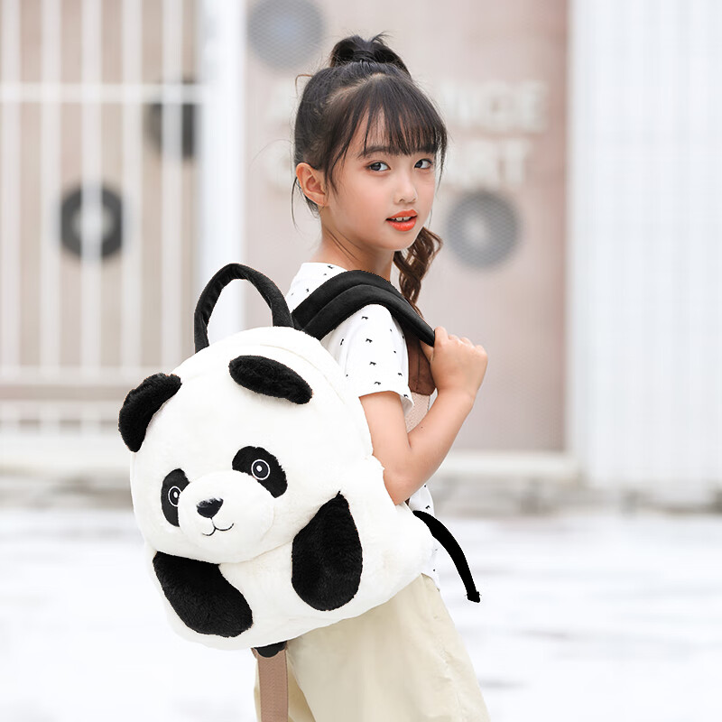藍夕者新款高顏值幼兒園寶寶書包可愛毛絨熊貓網(wǎng)紅卡通背包雙肩包男女孩 黑色