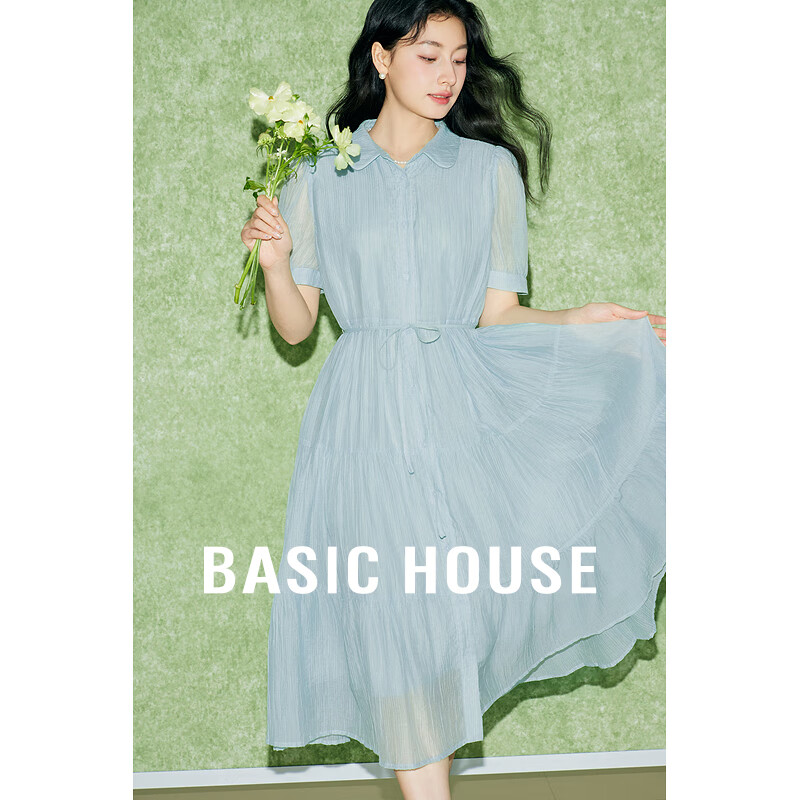 Basic House/百家好系带莱赛尔连衣裙短袖A字中长款裙2025夏新款 蓝色 M 110-125斤