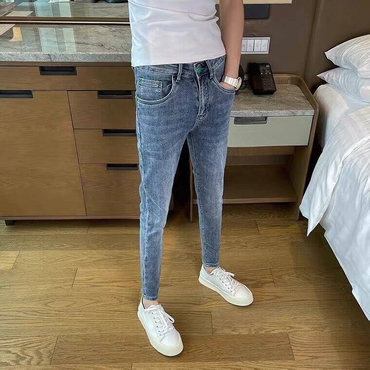 璀典155矮个子男生穿的紧身小脚裤春夏社会新款灰蓝色修身小脚牛仔裤