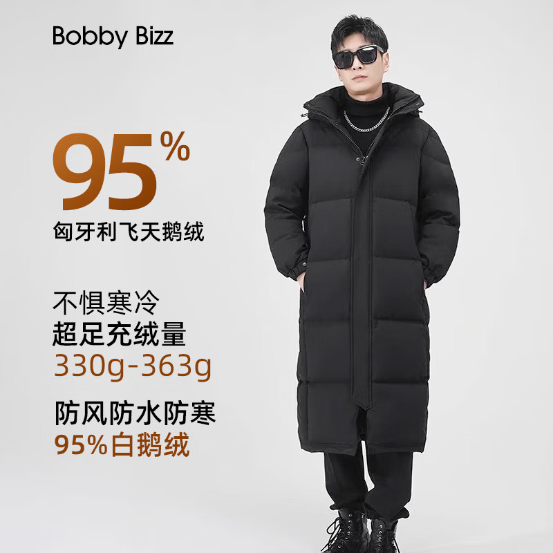 BOBBY BIZZ95%白鹅绒羽绒服男女大码过膝加厚2024城市轻户外新款保暖中长款 黑色高蓬松无异味（男女同款） L 140斤左右 含绒量348g