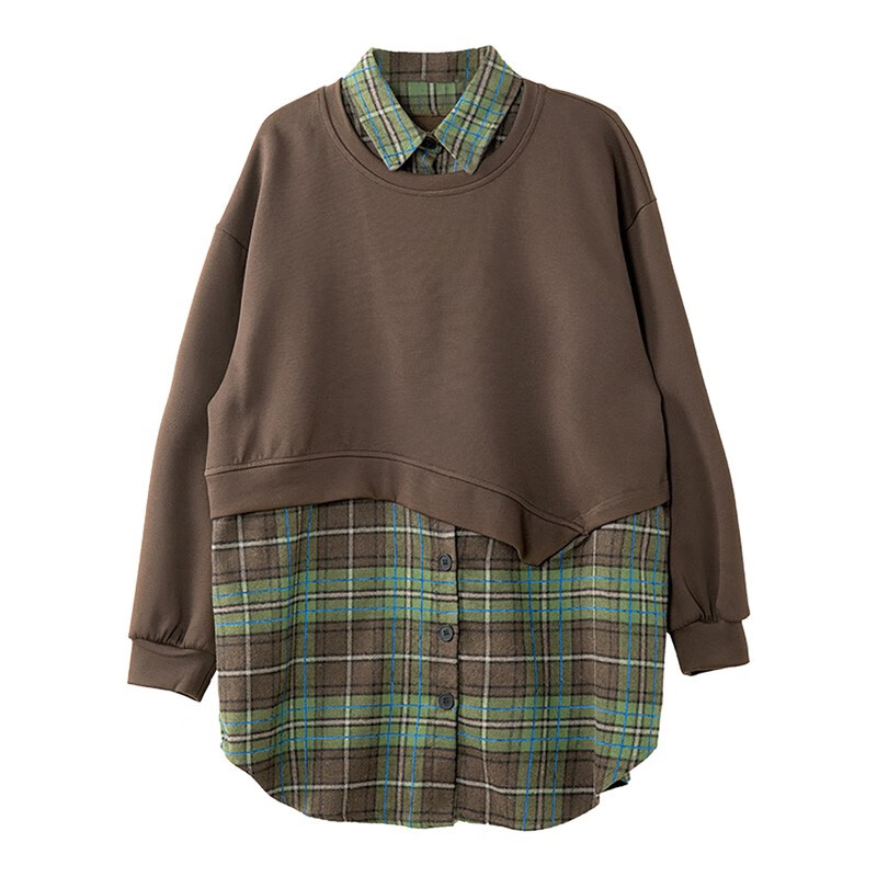 莎妮朵罗大码女装上衣胖mm春装韩版中长款遮肚宽松假两件棉卫衣女T恤19888 咖色 2XL 建议120-140斤穿着