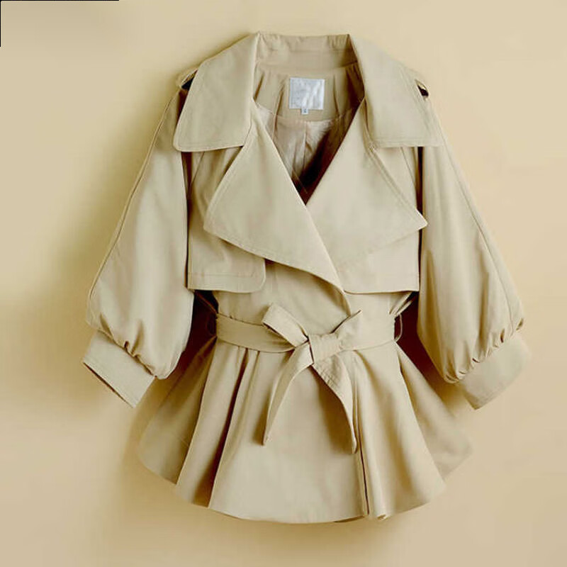 索宛亦(suowanyi)风衣女七分袖薄款小风衣短款外套女系带束腰早秋新款