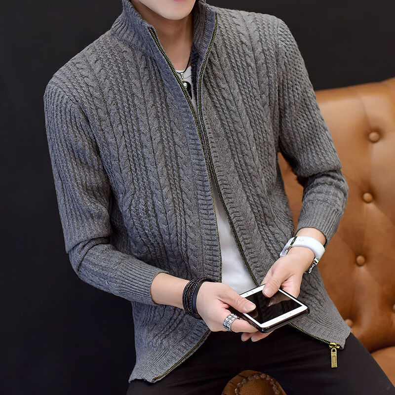 毛衣男加厚高领带拉链气质百搭加绒开衫毛衣男土韩版拉链针织衫带绒