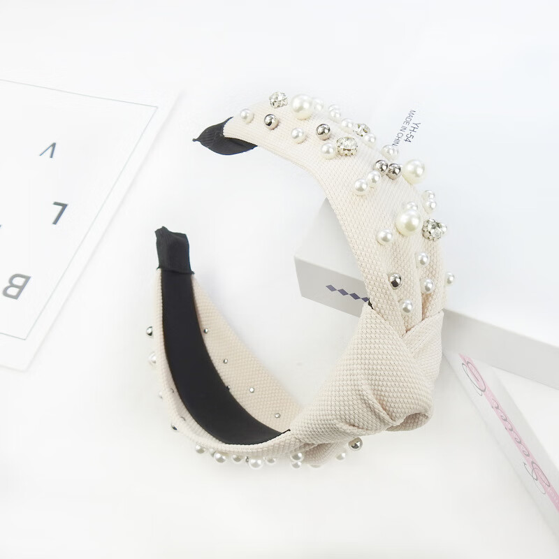 昂比熊新品打结珍珠水钻纯色发箍 巴洛克华夫格网红钉珠 白色