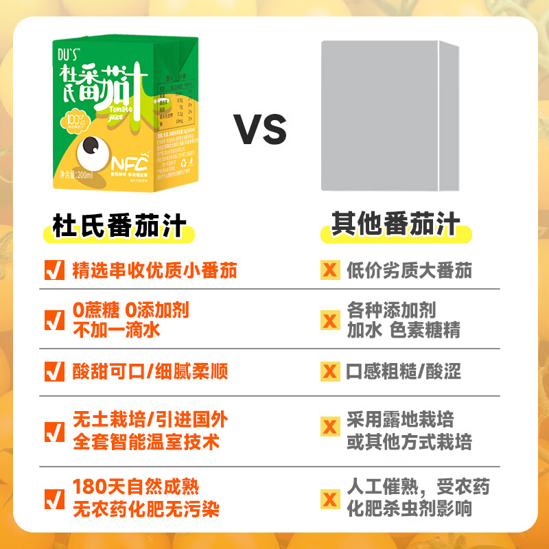 DU'S杜氏100%番茄汁NFC果蔬汁 纯汁0添加 200ml*12盒/箱 女神节 200ml*24盒黄-整箱老包装