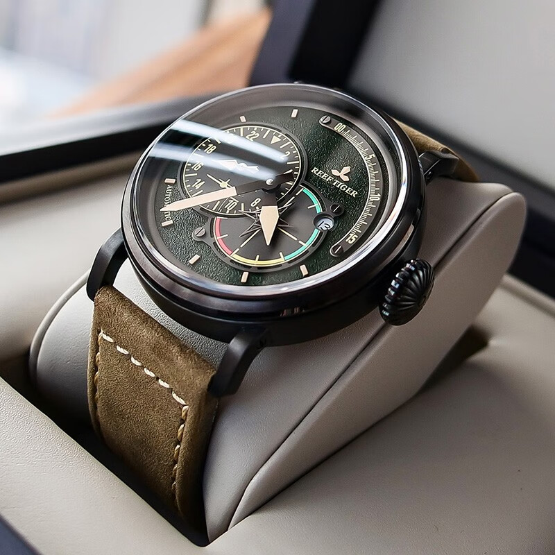瑞夫泰格(reef tiger)手表男飞行员男士手表时尚潮流多功能夜光全自动