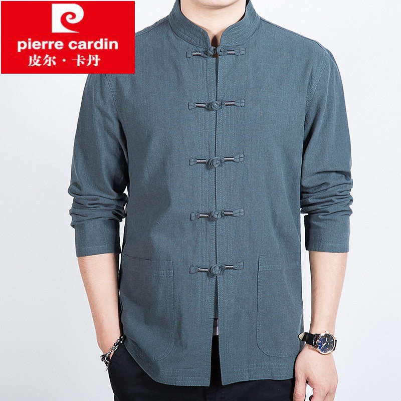 皮尔卡丹品牌男装 秋季男士长袖唐装中国风棉麻薄款商务中式外套汉服