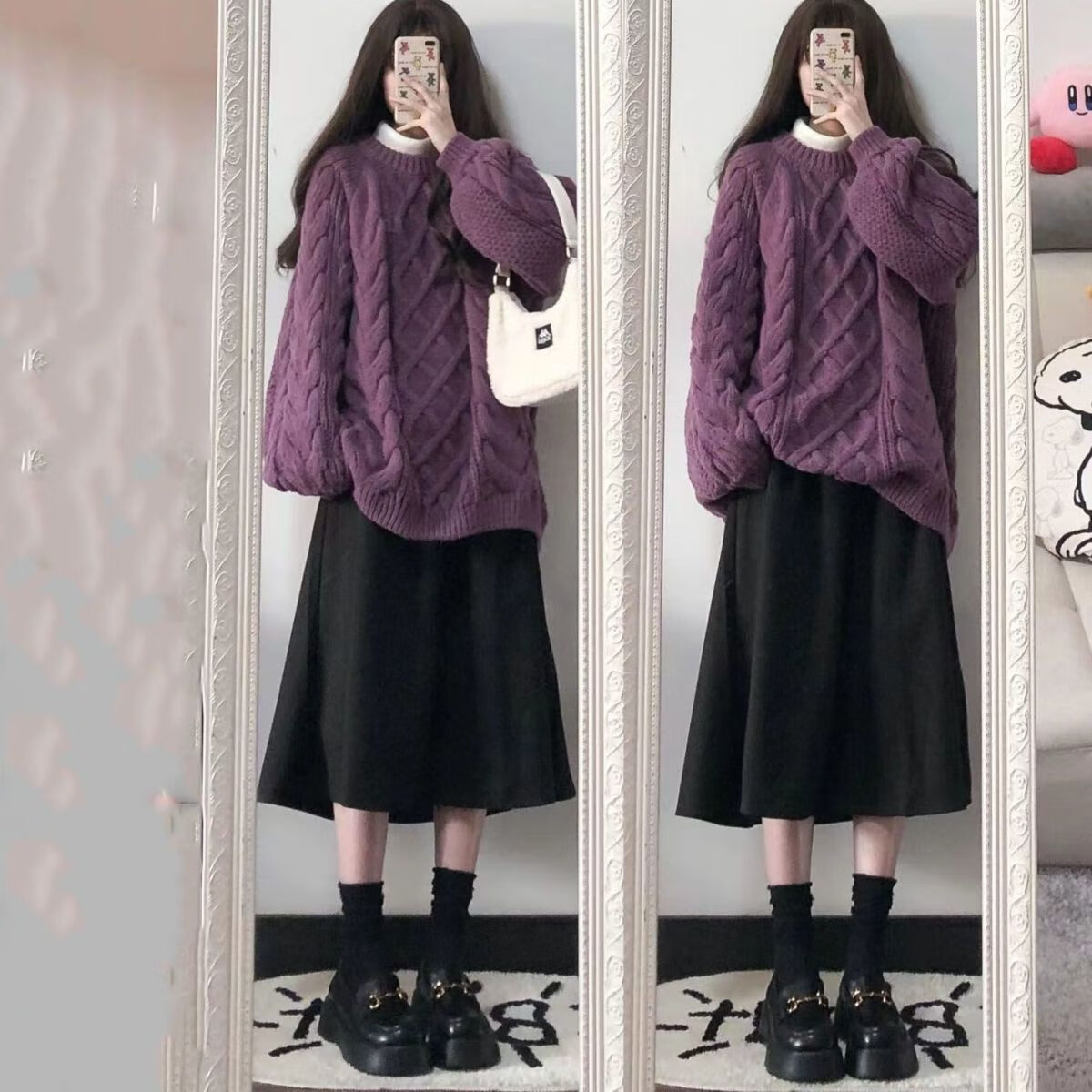 穿搭一整套装女秋冬季新款韩版宽松红色毛衣半 紫色加厚麻花毛衣单件