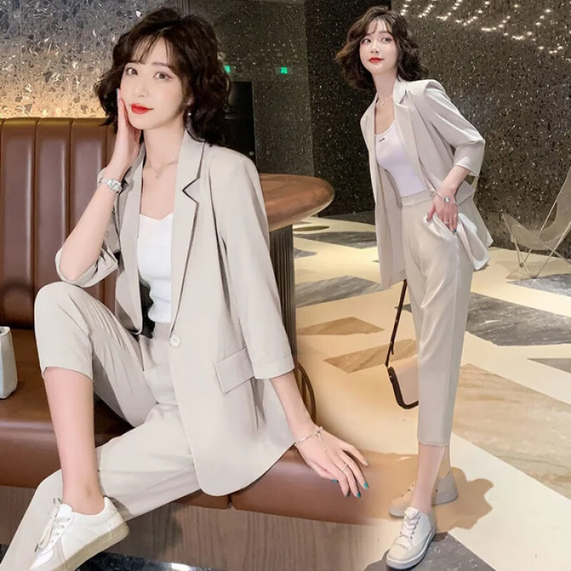 款时尚气质西装套装女2023春夏季新款洋气休闲好搭减龄女西服 杏色 m