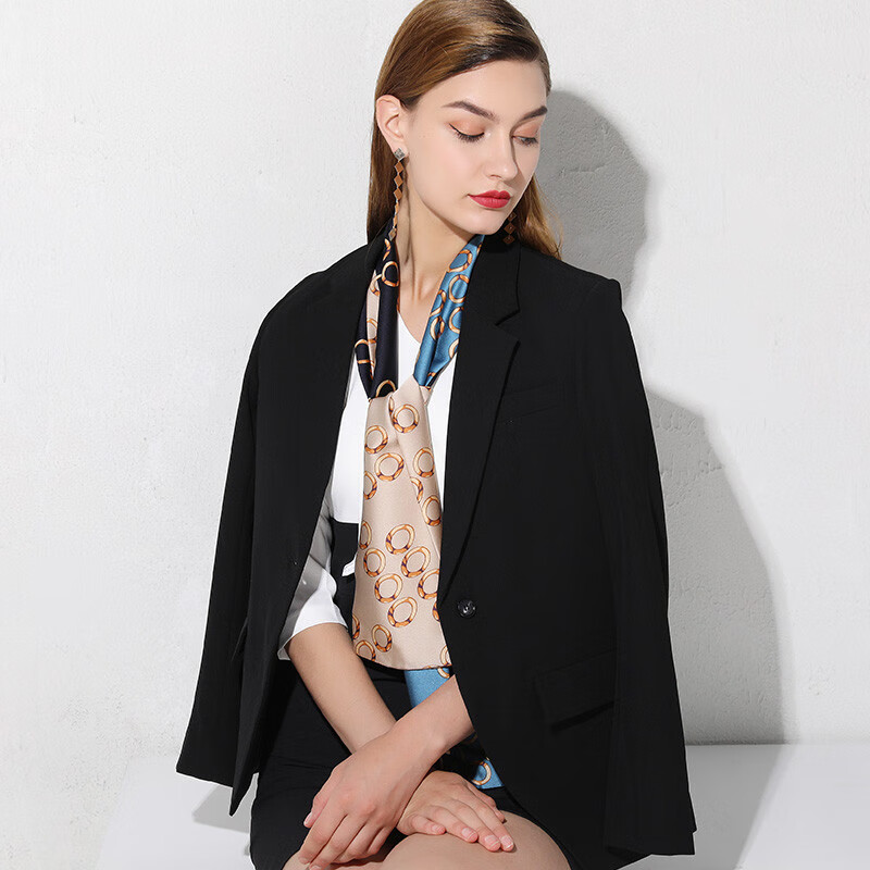 达芬奇密码 丝巾小长巾女百搭春秋仿真丝窄边杭州丝绸丝巾 玉环连珠 孔蓝