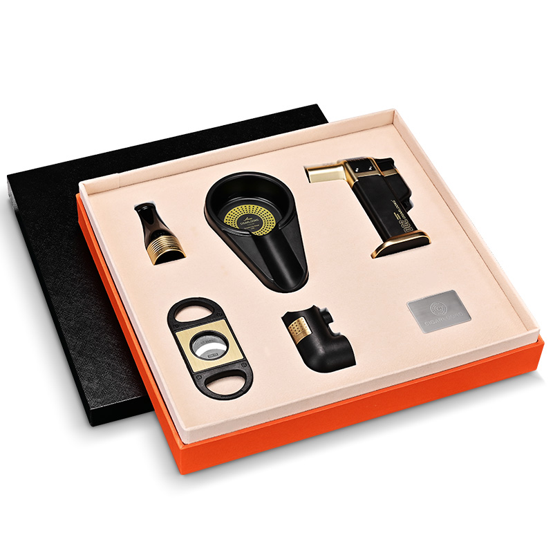 茄龙雪茄打火机大口径烟灰缸雪茄托烟嘴雪茄剪烟具5件套礼盒装 黑色 盒装黑色 雪茄刀/剪+打火机