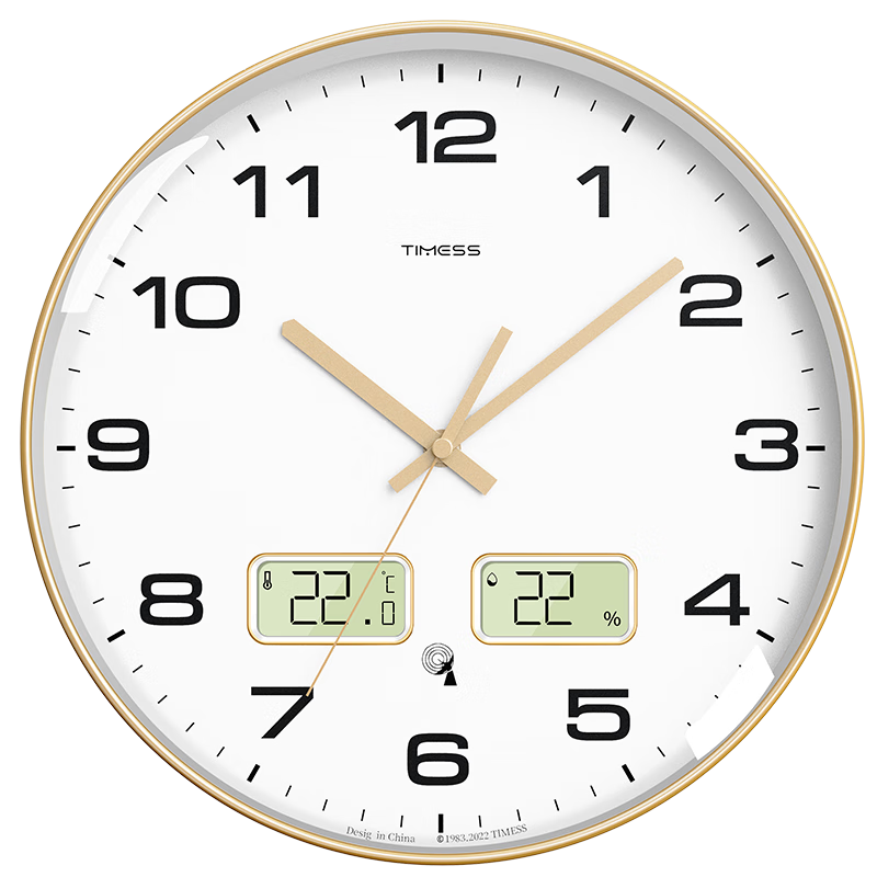 Timess挂钟 温湿度自动对时钟表客厅家用时钟免打孔卧室电波钟表挂墙 