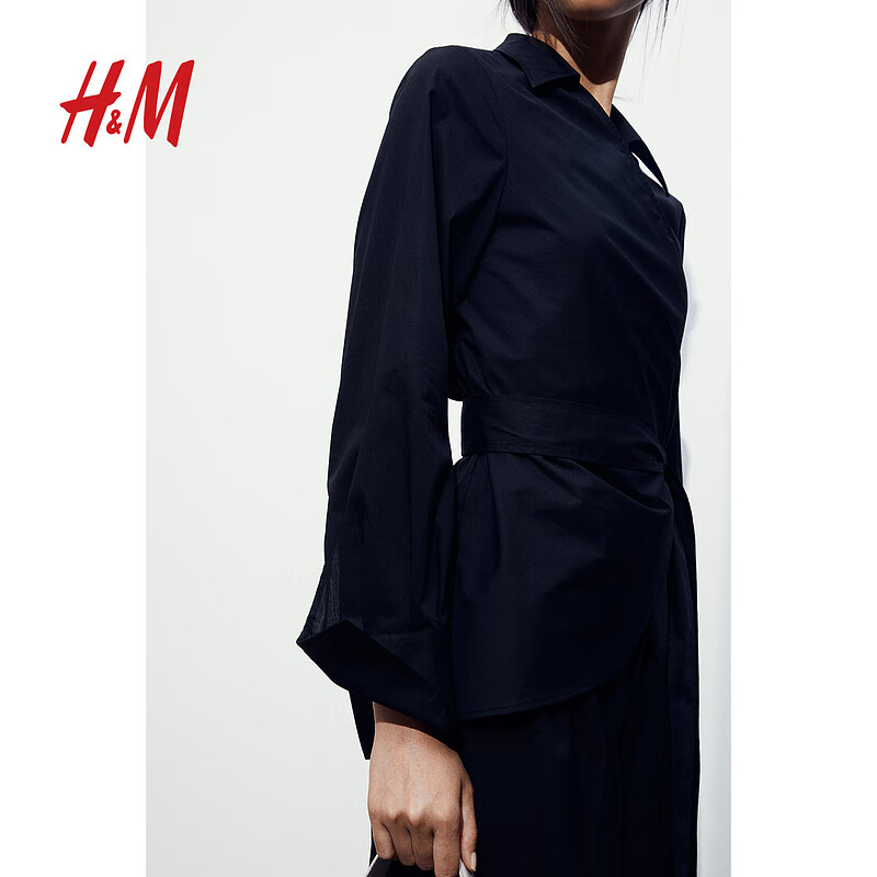 H&M女装衬衫秋季休闲时尚舒适围裹式长袖V领衬衫1175788 黑色 160/88