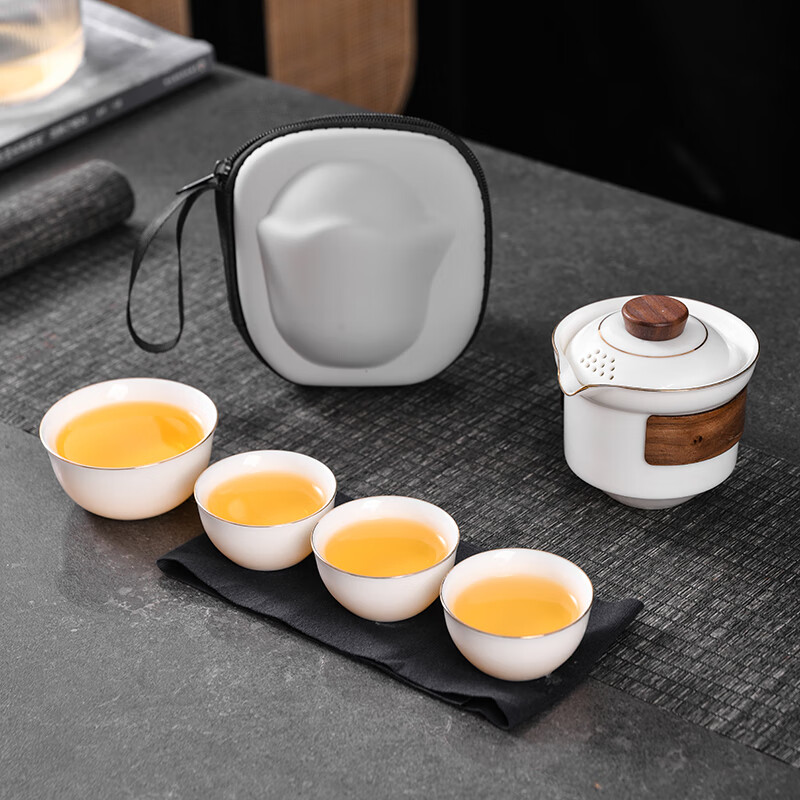 壶四杯便携式旅行茶具羊脂玉茶具套装户外旅游 羊脂玉快客杯-祥福描金