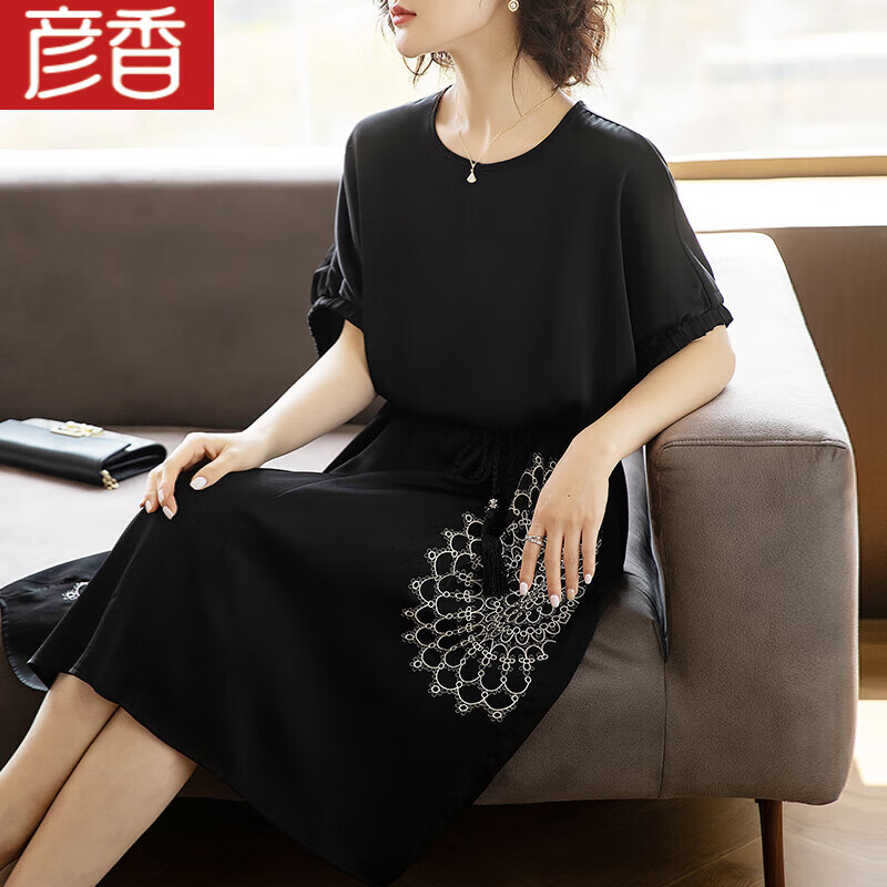 时尚洋气大码短袖连衣裙中年女休闲夏装新款中老年中长款裙子 黑色 xl