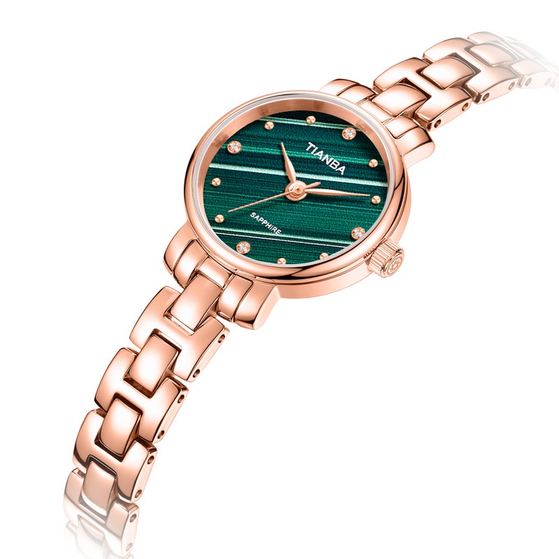 天霸石英手表女ins风小绿表轻奢时尚手链表防水女表7023 玫瑰金绿色