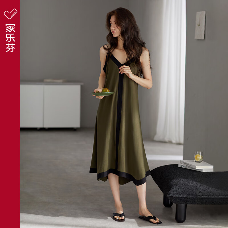家乐芬带胸垫一体吊带睡裙女睡衣夏季夏款夏天莫代尔背心冰丝长款 A824851橄榄绿【带胸垫】 M 适合150-160cm体重80-100斤